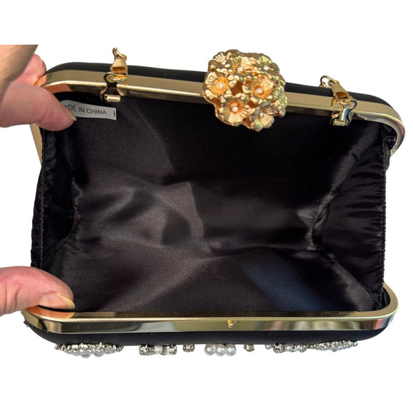 Black Satin Multi Rhinestone and Pearl Accent Clutch Purse Evening Bag - Picture 7 of 9